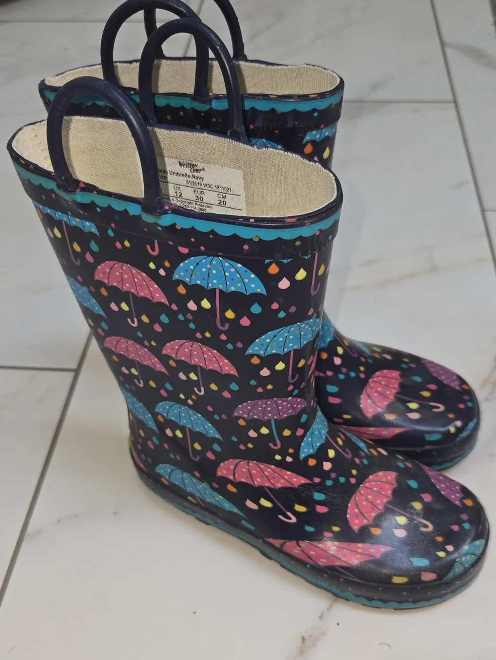 Western Chief Navy Rain Boots with Pink & Blue Umbrella Print